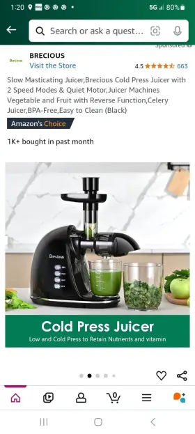 1506 Brecious Slow Masticating Juicer Cold Press 2-speed Modes Reverse. Open Box #2