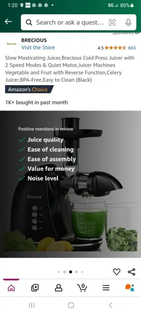 1506 Brecious Slow Masticating Juicer Cold Press 2-speed Modes Reverse. Open Box #3