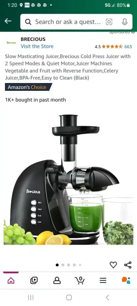 1506 Brecious Slow Masticating Juicer Cold Press 2-speed Modes Reverse. Open Box