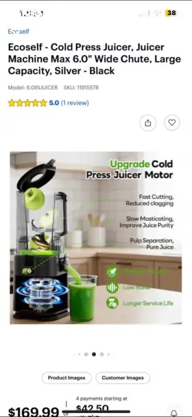 Ecoself J6tm Slow Juicer Cold Press Wide Chute Silver Black Low Noise Easy Clean