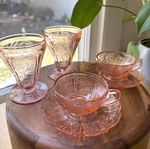 Jeannette Cherry Blossom Pink Glass Set 2 Juice + Child Cups & Saucers Cute!. Fixed Price $49.00.