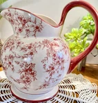 Large Red And White Ceramic Floral Pitcher, Glossy Finish, 10" Tall. Fixed Price $45.00.