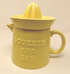 Vtg Red Shed Ceramic Juicer And Pitcher Yellow Perfect Cond 7 1/2 Tall Retro. Fixed Price $20.75.