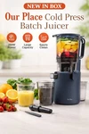 Our Place Cold Press Batch Juicer 250W Blue, Easy Clean, Components, 1.5QT. Fixed Price $80.00.